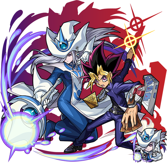 1boy 1girl blue_dress blue_jacket blue_pants card chain chibi dress duel_disk duel_monster gloves grey_hair hair_over_one_eye hat holding holding_card holding_wand jacket long_hair millennium_puzzle monster_strike multicolored_hair muto_yugi official_art pants purple_eyes silent_magician tabard wand white_gloves white_hat white_tabard wizard_hat yu-gi-oh!