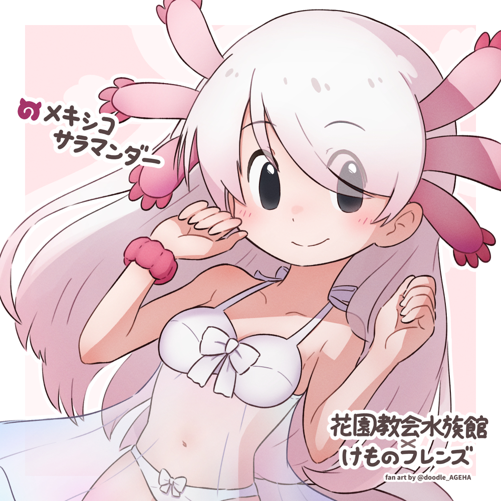 1girl bare_shoulders black_eyes bow bow_panties bra da_(bobafett) fish_girl kemono_friends lingerie long_hair looking_at_viewer mexico_salamander_(kemono_friends) navel negligee panties pink_background pink_hair simple_background smile solo straight_hair translation_request underwear upper_body wristband