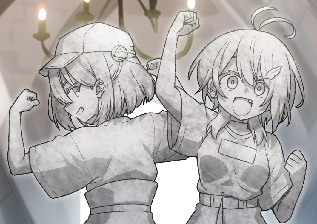 2girls :d ahoge akane_canna akane_canna_(2nd_costume) baseball_cap chandelier commentary_request fang flexing grin hair_ornament hairclip hat heebee looking_at_viewer multiple_girls nanashi_inc. open_mouth petrification short_hair smile suzumi_nemo suzumi_nemo_(2nd_costume) virtual_youtuber
