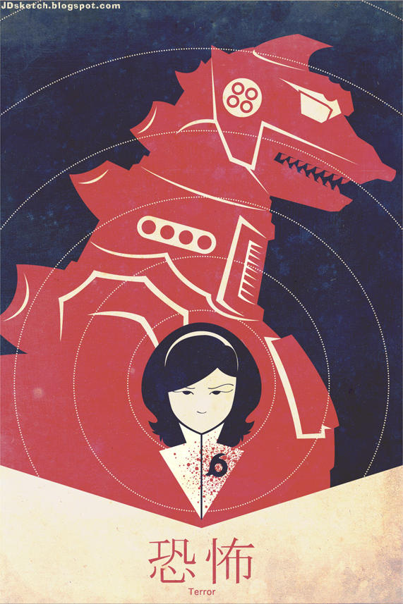 1girl alien blood cyborg english_text giant giant_monster giant_robot godzilla_(series) japanese_text justin_dial kaiju looking_at_viewer mafune_katsura mecha mechagodzilla mechagodzilla_2 military monster movie_poster parody robot style_parody terror_of_mechagodzilla text_focus toho