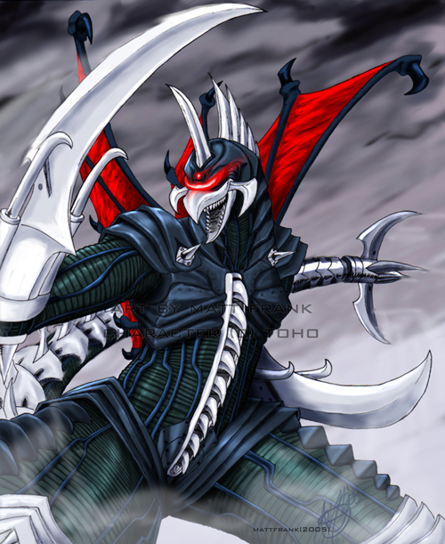 alien amputee beak blade cyborg forked_tail gigan glowing godzilla:_final_wars godzilla_(series) kaiju matt_frank polearm prosthesis prosthetic_arm saw tail toho trident weapon