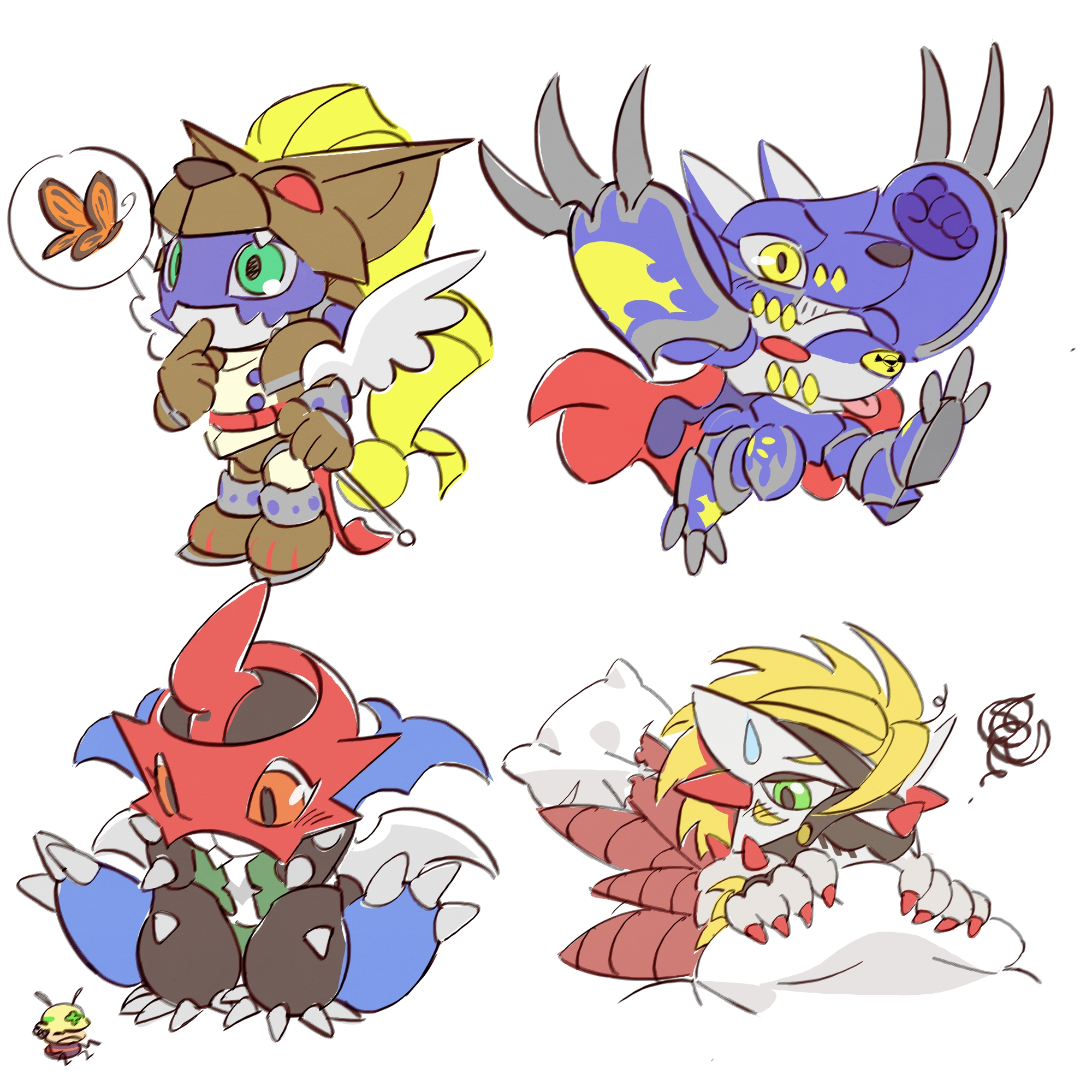 armor blonde_hair bug butterfly claws digimon digimon_(creature) duftmon green_eyes highres insect miragegaogamon paildramon rasenmon wings