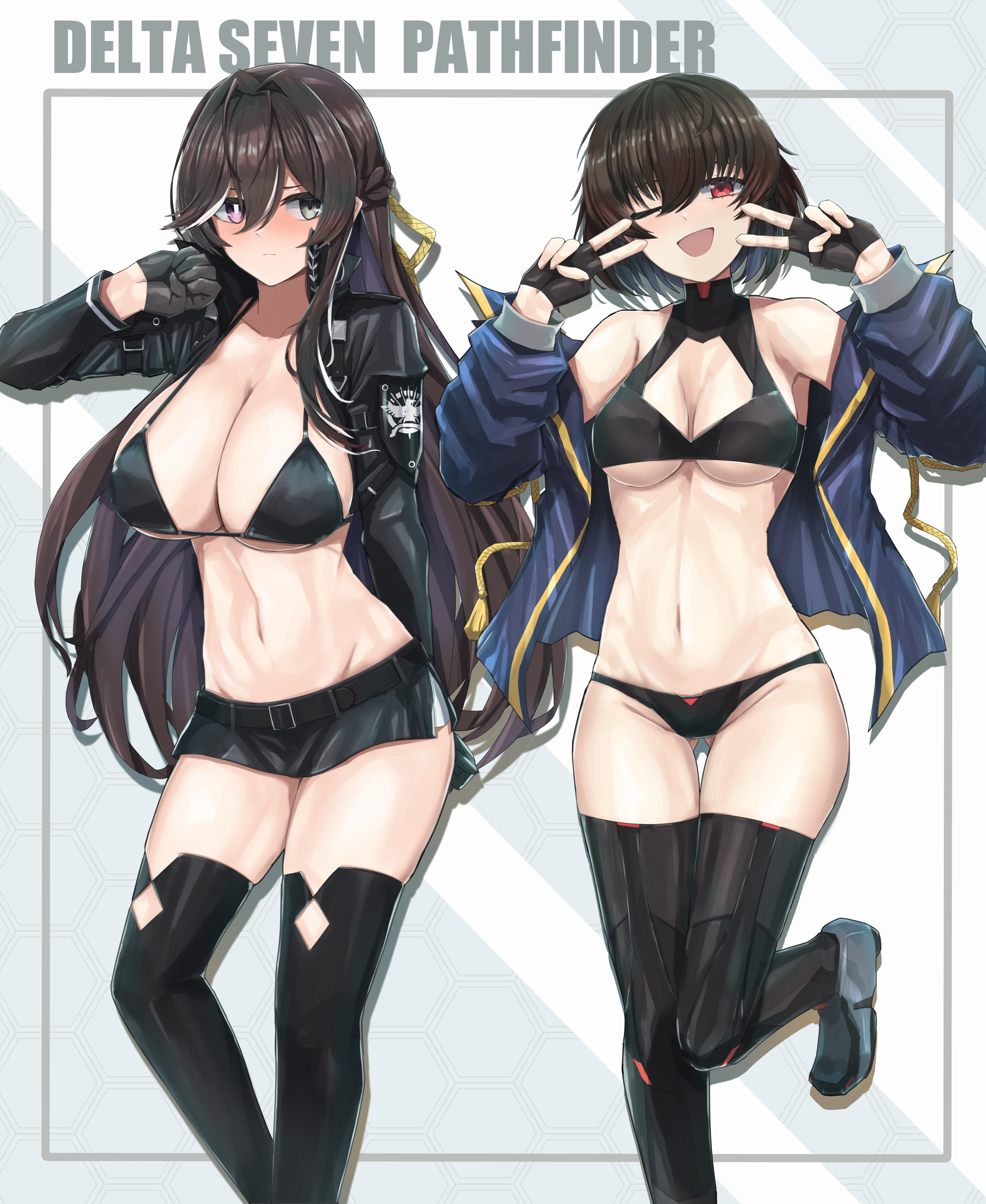2girls ;d absurdres bare_shoulders belt bikini black_belt black_bikini black_gloves black_jacket black_thighhighs blue_jacket blush boots braid breasts bright_pupils brown_hair cleavage cleavage_cutout clothing_cutout collared_jacket commentary counter:side diamond_cutout double_inward_v double_v emblem fingerless_gloves gloves gluteal_fold grey_background grey_eyes groin group_name hair_between_eyes half_gloves half_up_braid halterneck heterochromia highleg highleg_bikini highres honeycomb_(pattern) honeycomb_background jacket joo_shiyoung karin_wong large_breasts leg_up light_frown long_hair long_sleeves looking_at_another looking_at_viewer lowleg lowleg_skirt medium_breasts medium_hair microskirt msto multicolored_hair multiple_girls navel one_eye_closed open_clothes open_jacket open_mouth outside_border purple_eyes red_eyes sideways_glance skirt smile stomach streaked_hair swimsuit thighhighs v white_background white_hair white_pupils