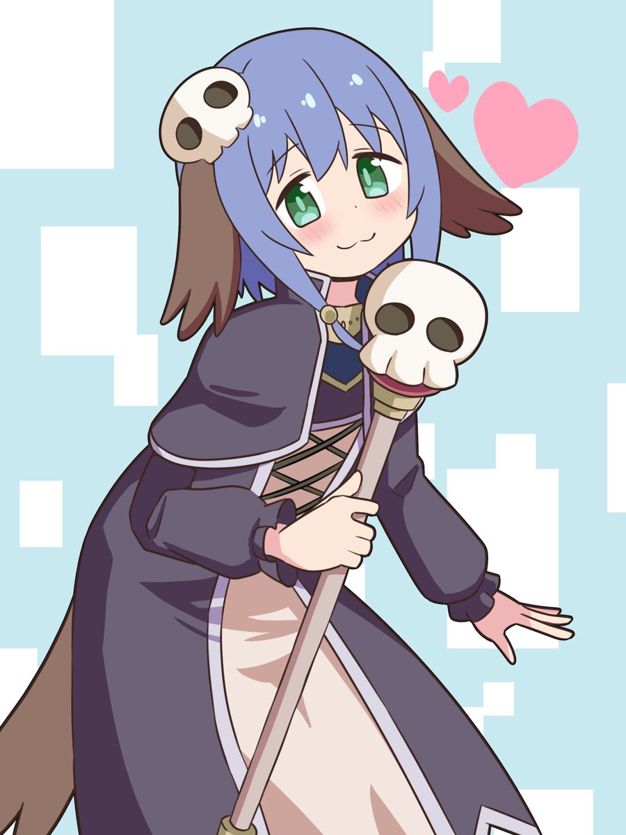 1girl :3 animal_ears blue_hair blush capelet commentary fujimi_nemu gekogekobuhihi green_eyes hair_ornament heart highres holding holding_scepter leaning_forward long_sleeves onii-chan_wa_oshimai! robe scepter short_hair smile snake_hair_ornament solo tail