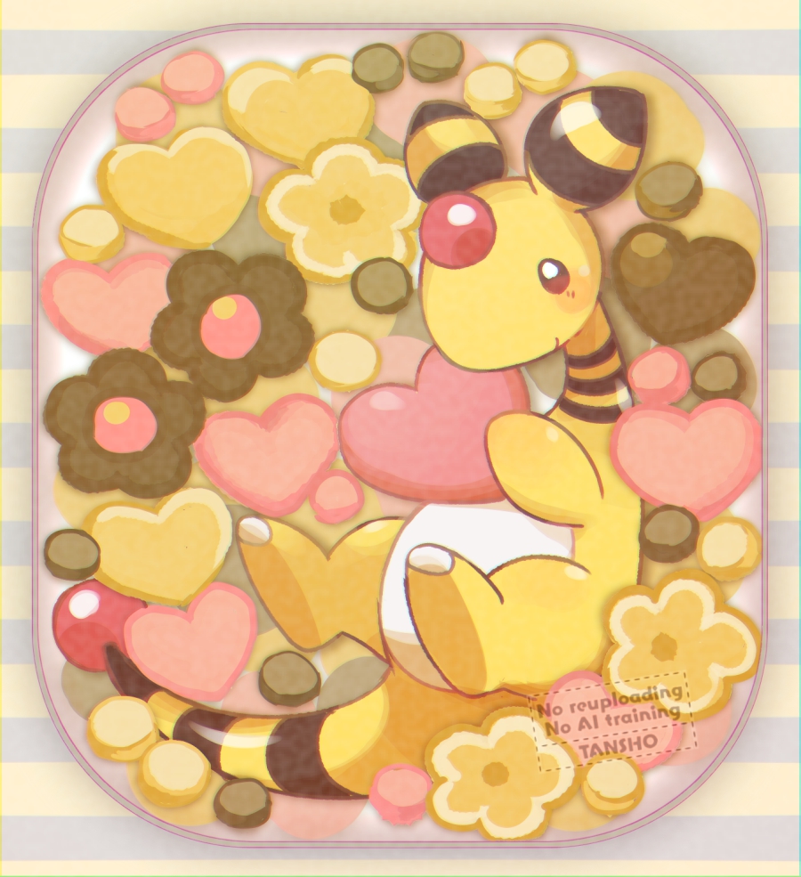 ampharos blush closed_mouth commentary_request flower_symbol food gen_2_pokemon heart holding holding_food nintendo no_humans pokemon pokemon_(creature) pokemon_focus smile solo sweets tansho