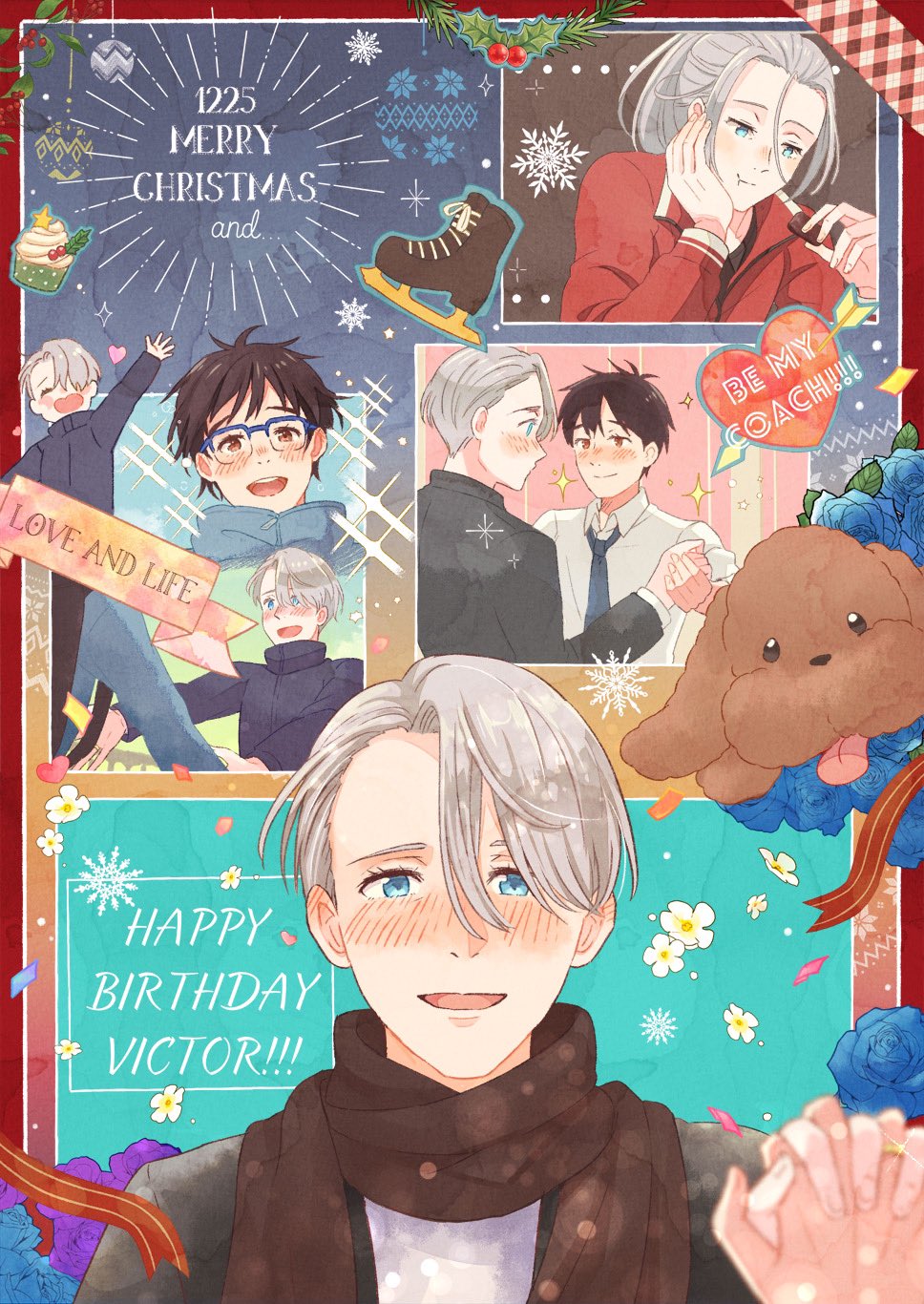 2boys :d :t aged_down black_hair blue-framed_eyewear blue_eyes blue_flower blue_rose blush brown_eyes christmas collared_shirt dog english_text flower glasses hand_on_own_cheek hand_on_own_face happy_birthday heart heart-shaped_mouth highres holding_hands ice_skates interlocked_fingers jacket jewelry katsuki_yuuri makkachin male_focus merry_christmas mistletoe multiple_boys necktie open_mouth ponytail purple_flower purple_rose ring rose shirt silver_hair skates smile snowflakes track_jacket twc_(p-towaco) viktor_nikiforov yuri!!!_on_ice