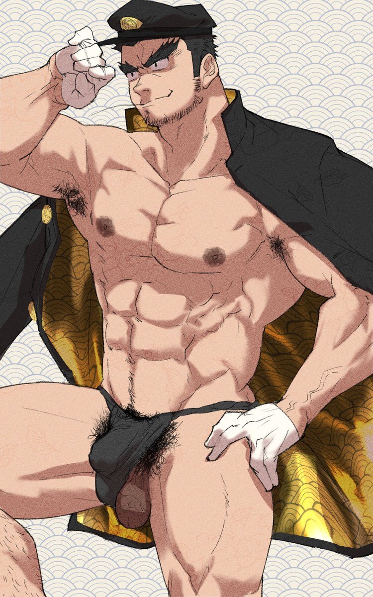 1boy abs armpit_hair armpits bara bare_pectorals bulge check_copyright copyright_request cowboy_shot excessive_pubic_hair facial_hair fugur6_fugur9 hat highres huge_eyebrows jacket kepi large_pectorals looking_ahead male_focus mature_male medium_sideburns military_hat muscular muscular_male navel navel_hair nipples open_clothes open_jacket original pectorals pubic_hair sanpaku short_hair sideburns_stubble solo sparse_navel_hair standing stomach stubble testicle_peek thick_thighs thighs tsurime
