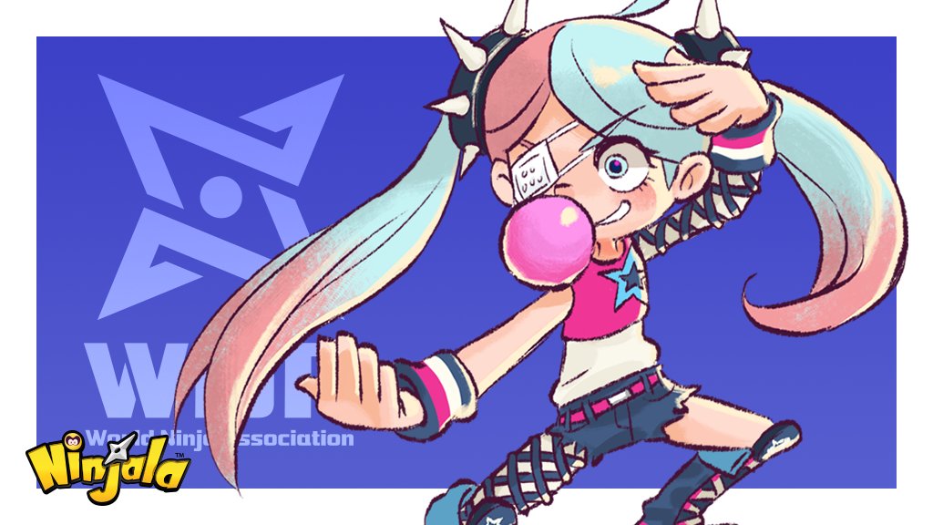 1girl ahoge aqua_eyes aqua_hair belt belted_shorts blowing_bubble_gum blue_background blue_boots blue_pupils blue_shorts boots border chewing_gum child come_at_me_bro commentary copyright_name copyright_notice denim denim_shorts english_commentary english_text eyelashes eyepatch fighting_stance flat_chest grin gungho knee_boots lace-up_boots light_blush logo long_hair lucy_(ninjala) medical_eyepatch mismatched_eyebrows multicolored_hair ninjala nose official_art one_eye_covered outline pantyhose parted_bangs pink_belt pink_hair pink_shirt print_shirt purple_outline rianti-wong second-party_source shirt shoe_soles shoes shorts shuriken simple_background single_bare_arm single_fishnet_armwear single_fishnet_legwear single_leg_pantyhose single_sleeve skinny sleeveless sleeveless_shirt smile solo spiked_hair_ornament star_(symbol) star_print teeth torn_clothes torn_shorts twintails two-tone_hair two-tone_shirt very_long_hair weapon white_border white_pantyhose white_shirt white_sleeves wrestling_boots