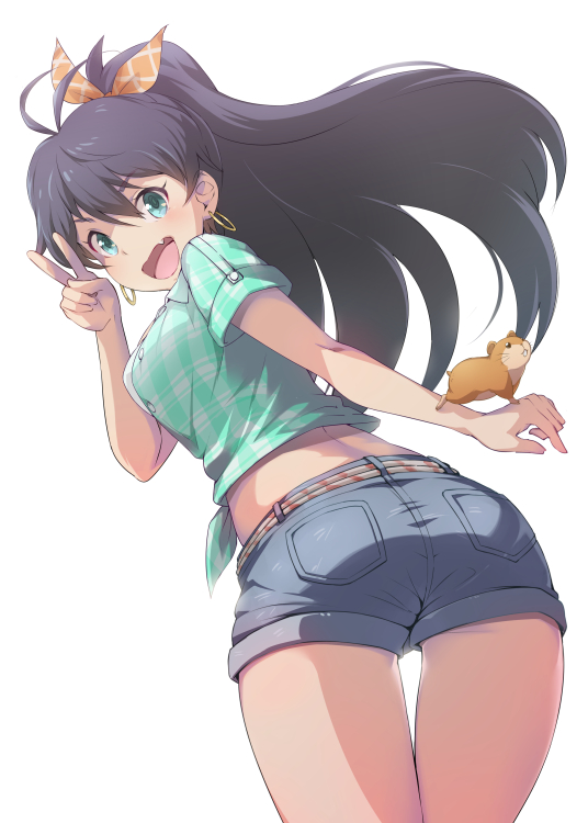 1girl ass black_hair blue_eyes bow denim denim_shorts earrings fang female_focus front-tie_top ganaha_hibiki hair_bow hamuzou idolmaster idolmaster_(classic) jewelry long_hair looking_back midriff mikel_(4hands) ponytail shirt short_shorts shorts smile solo string_belt thigh_gap tied_shirt v