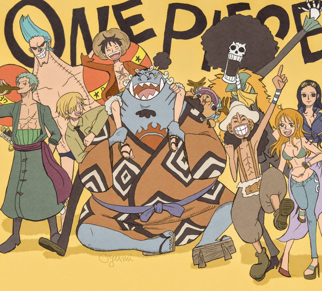 2girls 6+boys afro arm_tattoo arm_up bikini bikini_top_only boots bracelet brook_(one_piece) chest_tattoo commentary_request copyright_name curly_eyebrows denim eyewear_on_head feather_boa franky_(one_piece) geta hair_over_one_eye haramaki hat high_heels japanese_clothes jeans jewelry jinbe_(one_piece) kimono log_pose long_hair long_nose looking_at_viewer monkey_d._luffy multiple_boys multiple_girls nami_(one_piece) nami_(one_piece)_(return_to_sabaody) nico_robin nico_robin_(return_to_sabaody) one_piece oooooogu24 orange_hair pants pompadour roronoa_zoro sanji_(one_piece) sash scar scar_across_eye scar_on_face sharp_teeth shirt short_hair skeleton smile stitched_torso stitches straw_hat straw_hat_pirates sunglasses swimsuit tattoo teeth tony_tony_chopper usopp wristband yellow_shirt