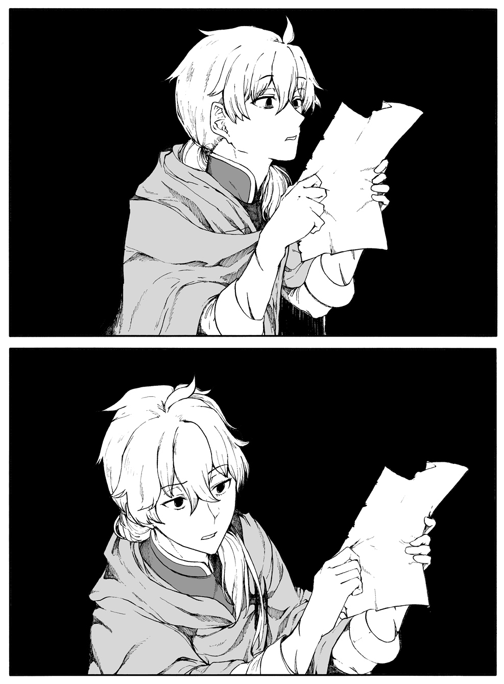 1boy black_background cloak fate/grand_order fate_(series) greyscale highres holding holding_paper long_hair low_ponytail meme monochrome paper ponytail reading romani_archaman syatey winnie_the_pooh_reading_(meme)