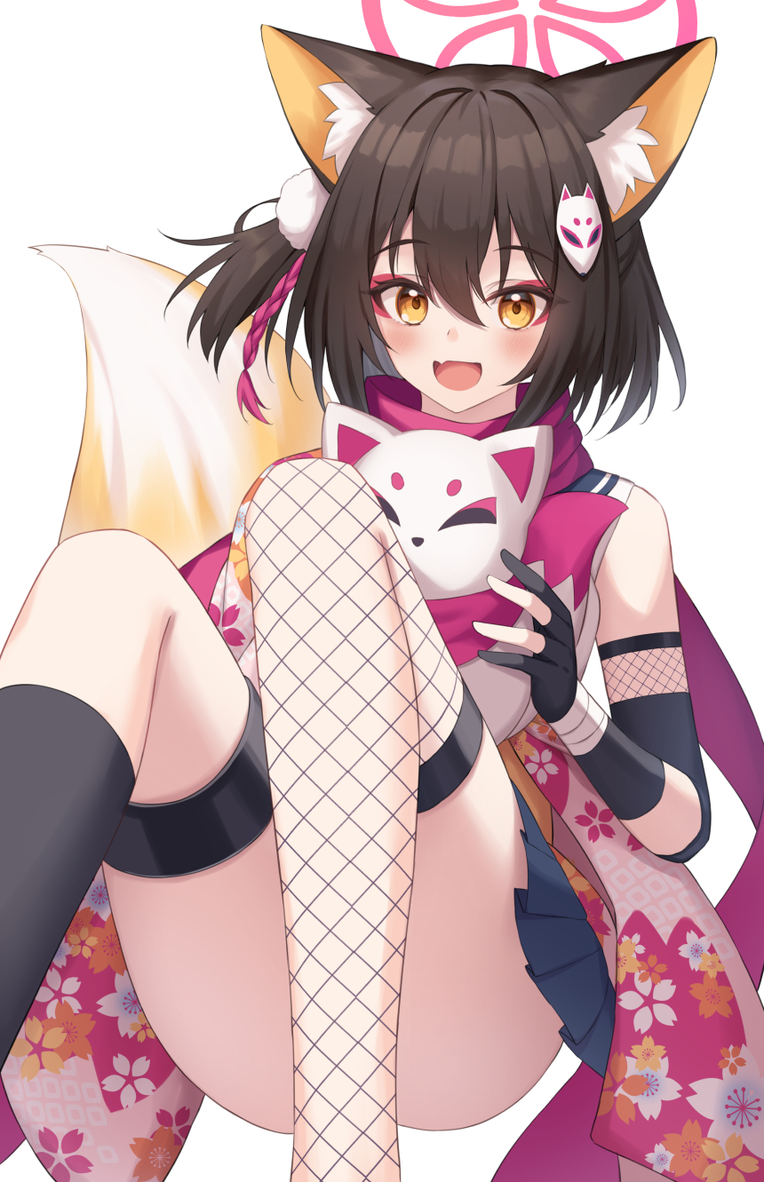 1girl animal_ears bandaged_wrist bandages black_gloves black_socks blue_archive blush brown_hair doll fang fishnet_thighhighs fishnets floral_print floral_print_kimono fox_ears fox_girl fox_mask fox_tail fuka_kurotsuji gloves hair_between_eyes hair_ornament highres holding holding_doll izuna_(blue_archive) japanese_clothes kimono long_hair looking_at_viewer mask one_side_up open_mouth partially_fingerless_gloves pink_kimono pink_scarf pom_pom_(clothes) pom_pom_hair_ornament print_kimono scarf shirt sidelocks single_sock single_thighhigh skin_fang socks solo stuffed_animal stuffed_toy tail thigh_strap thighhighs white_shirt yellow_eyes