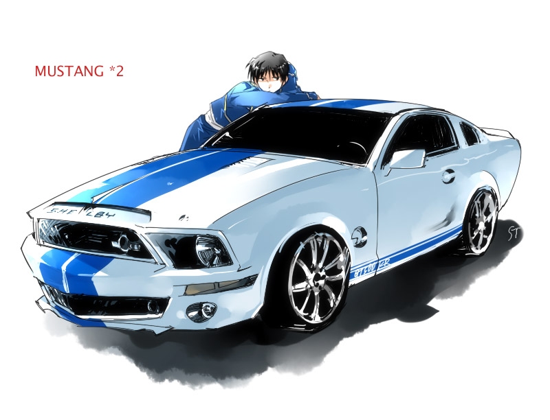 00s 1boy bad_id bad_pixiv_id car ford ford_mustang ford_mustang_s197 fullmetal_alchemist gt_500 left-hand_drive male_focus motor_vehicle muscle_car name_connection object_namesake pun roy_mustang shelby shelby_gt500 shelby_mustang solo toujou_sakana vehicle_focus