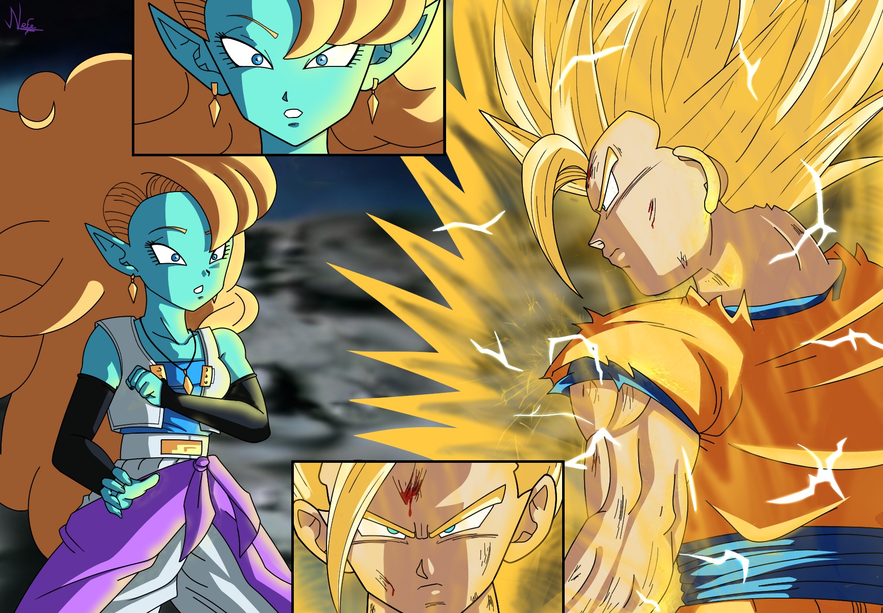 1boy 1girl blonde_hair blood blood_on_face blue_eyes blue_skin bruise bruise_on_arm bruise_on_face closed_mouth colored_skin dragon_ball dragonball_z earrings highres imminent_death injury jewelry long_hair muscular muscular_arms muscular_male necklace orange_hair pointy_ears son_gohan spiked_hair super_saiyan super_saiyan_2 tagme very_long_hair zangya