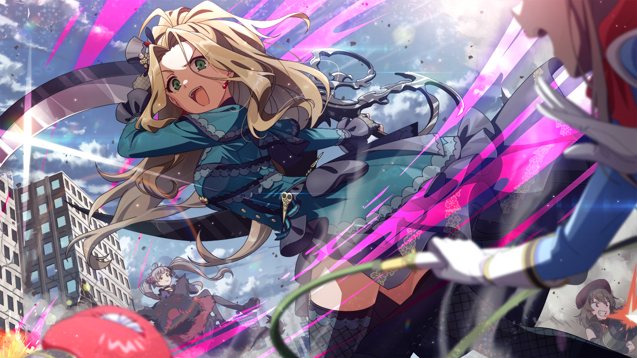 brown_hair building cloud dress earrings fingerless_gloves forehead game_cg gloves green_dress green_eyes hakozaki_serika hat high_heels holding idol_heroes_(idolmaster) idolmaster idolmaster_million_live! idolmaster_million_live!_theater_days jewelry nagayoshi_subaru nikaido_chizuru official_art open_mouth scissors sunlight teeth thighhighs twintails whip