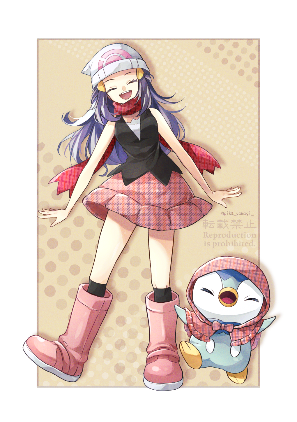 1girl :d beanie black_shirt black_socks bokusatsu_tenshi_dokuro-chan boots closed_eyes clothed_pokemon commentary dawn_(pokemon) gen_4_pokemon hair_ornament hairclip hat highres kneehighs long_hair nintendo open_mouth pink_boots pink_skirt piplup pokemon pokemon_(creature) pokemon_dppt shirt skirt sleeveless sleeveless_shirt smile socks white_hat yomogi_(black-elf)