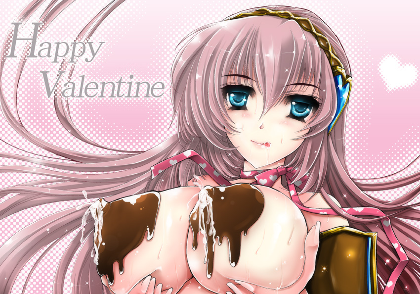 1girl aqua_eyes blush breast_hold breast_lift breasts chocolate female_focus happy_valentine lactation large_breasts long_hair megurine_luka riria saliva solo tongue topless_female valentine vocaloid