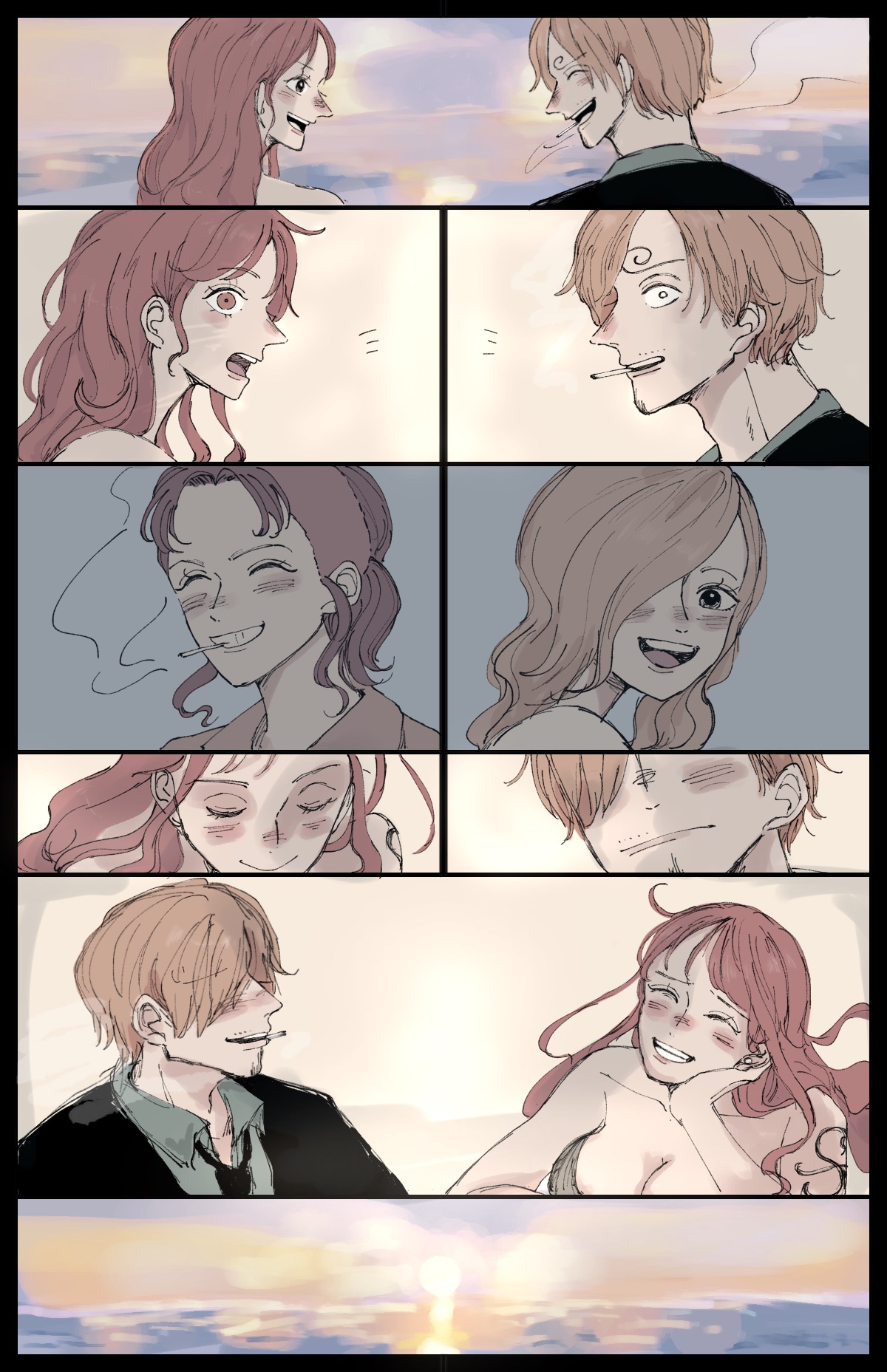 1boy 3girls arm_tattoo asymmetrical_bangs bellemere black_necktie blonde_hair blush blush_stickers cigarette closed_eyes closed_mouth curly_eyebrows hair_over_eyes hair_over_one_eye high_ponytail highres long_hair mother_and_daughter mother_and_son multiple_girls nami_(one_piece) necktie one_eye_covered one_piece open_mouth orange_hair outdoors pink_hair ponytail sanji_(one_piece) short_hair smile smoking sun tattoo teeth usn_18 vinsmoke_sora