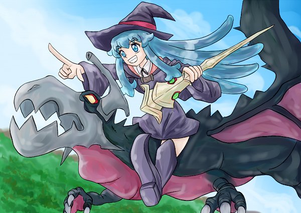 blue_eyes blue_hair boots cosplay dragon flying han_megumi happinesscharge_precure! hat kagari_atsuko kagari_atsuko_(cosplay) little_witch_academia luna_nova_school_uniform mountain non-web_source parody pointing precure reference_photo school_uniform shirayuki_hime voice_actor_connection witch_hat