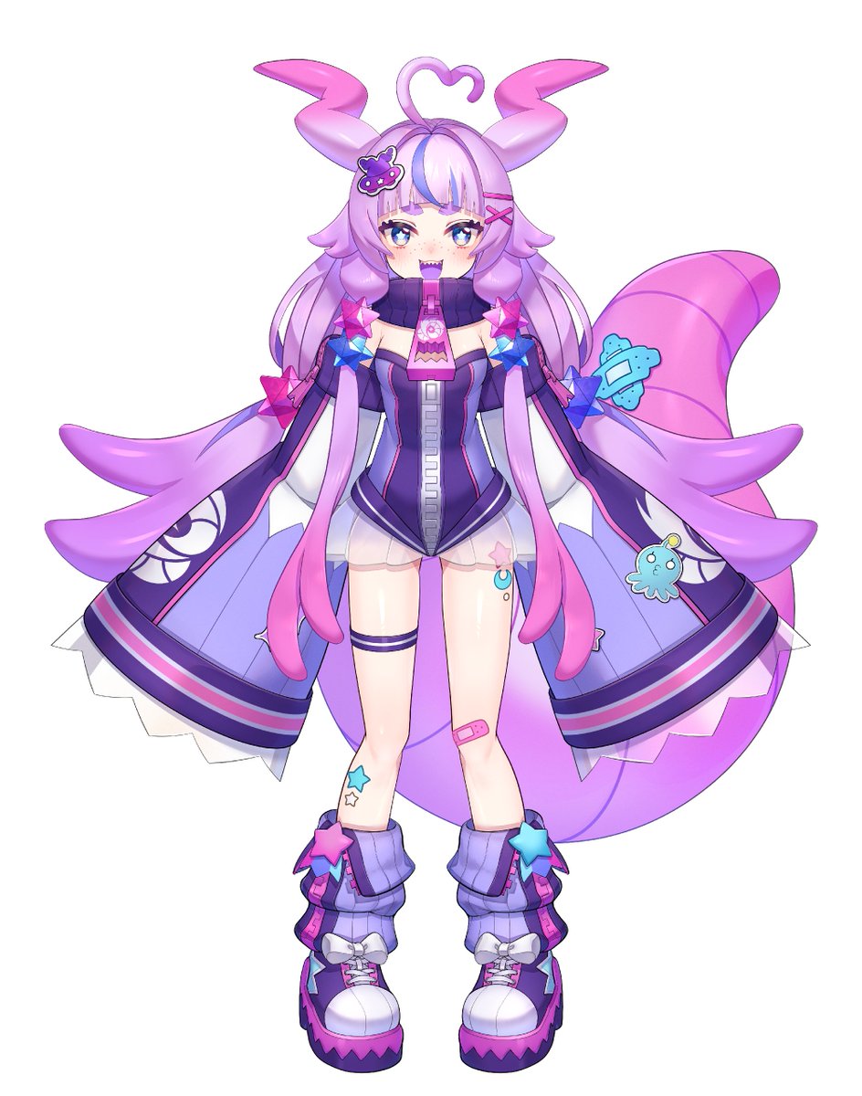 1girl :d ahoge bandaid bandaid_on_leg blue_eyes blush colored_tongue commentary dress english_commentary full_body hair_intakes hair_ornament hairclip heart heart_ahoge highres leg_tattoo leg_warmers looking_at_viewer multicolored_hair official_art open_mouth perry_winkleton purple_dress purple_footwear purple_hair purple_leg_warmers purple_tongue second-party_source sharp_teeth shima_koume short_eyebrows simple_background smile solo standing star-shaped_pupils star_(symbol) star_tattoo stellarversepro streaked_hair symbol-shaped_pupils tattoo teeth thick_eyebrows upper_teeth_only virtual_youtuber white_background x_hair_ornament zipper_pull_tab