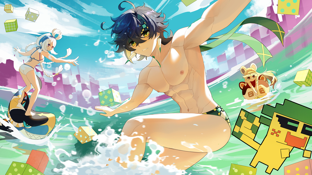 1boy 2girls abs ajaw_(genshin_impact) animal_ears anjingxiang ass bikini black_hair blonde_hair braid dice earrings genshin_impact green_eyes green_male_swimwear hair_between_eyes headband jewelry kachina_(genshin_impact) kinich_(genshin_impact) long_hair looking_at_viewer male_focus male_swimwear mualani_(genshin_impact) multicolored_hair multiple_girls muscular muscular_male navel nipples stomach surfboard swim_briefs swimsuit teeth topless_male twin_braids white_bikini white_hair
