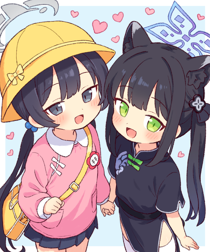 2girls aged_down animal_ears bag black_dress black_hair blue_archive blush child chinese_clothes dress extra_ears flower_pin green_eyes grey_eyes grey_halo hair_bobbles hair_ornament halo hat holding_hands kindergarten_bag kindergarten_uniform kisaki_(blue_archive) kisaki_(kindergarten_uniform)_(blue_archive) long_hair long_sleeves looking_at_viewer low_twintails multiple_girls onyhakase open_mouth out_of_character pink_shirt pleated_skirt school_hat shirt short_sleeves shun_(blue_archive) shun_(small)_(blue_archive) simple_background skirt smile thighhighs tiger_ears tiger_girl twintails white_thighhighs yellow_bag yellow_hat
