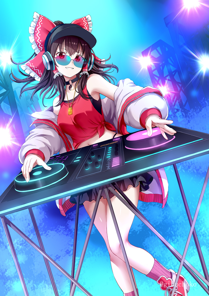 1girl adapted_costume bare_shoulders black_choker black_hair black_skirt black_undershirt black_visor bow choker commentary_request dj dutch_angle foot_out_of_frame frilled_bow frilled_hair_tubes frills givuchoko gradient-tinted_eyewear grin hair_between_eyes hair_bow hair_tubes hakurei_reimu headphones highres jacket jewelry long_hair looking_at_viewer midriff miniskirt navel o-ring o-ring_choker pendant phonograph pink_socks pleated_skirt red_bow red_shirt red_shoes shirt shoes skirt sleeveless sleeveless_shirt smile sneakers socks standing tied_shirt tinted_eyewear touhou turntable undershirt visor_cap white_jacket yin_yang