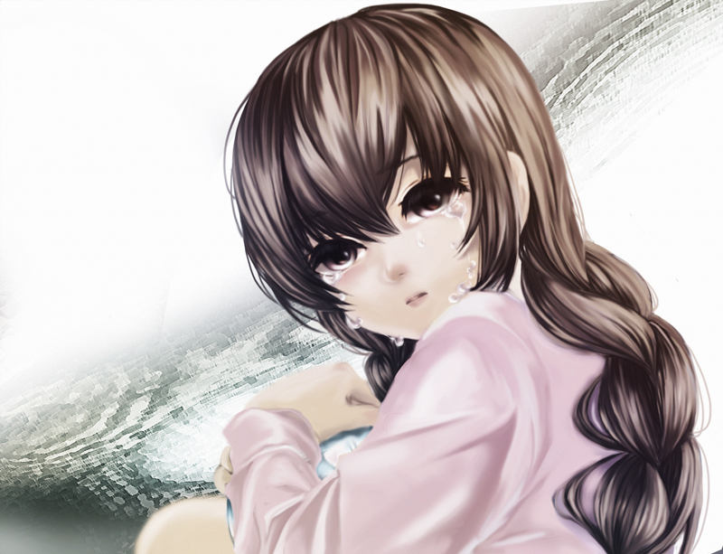 1girl bad_id bad_pixiv_id blouse braid commentary_request female_focus graphite_(medium) long_hair madotsuki olmatown pink_shirt shirt solo traditional_media twin_braids yume_nikki