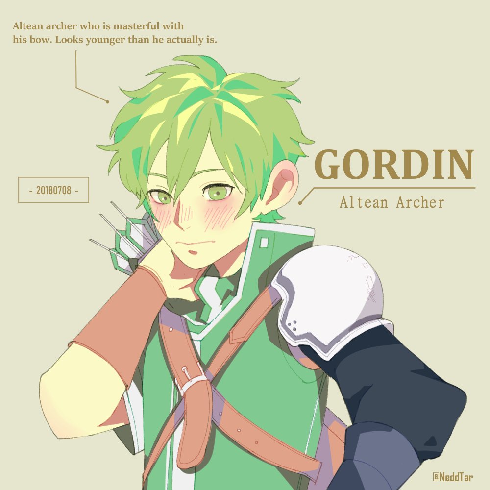 1boy armor arrow_(projectile) character_name fire_emblem fire_emblem:_new_mystery_of_the_emblem fire_emblem:_shadow_dragon gordin_(fire_emblem) green_eyes green_hair male_focus neddtar nintendo quiver shoulder_armor upper_body
