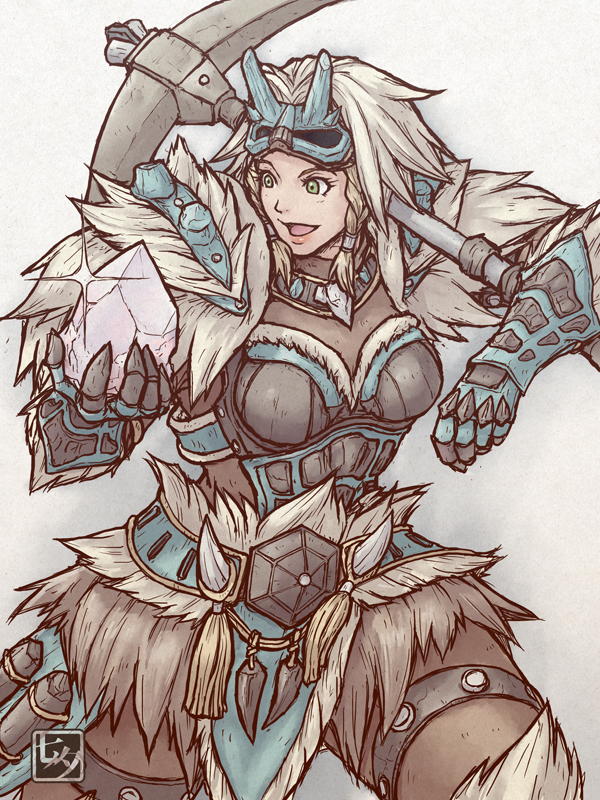 1girl :d armor black_armor blue_armor braid breasts eye_mask eyelashes fur-trimmed_armor fur_trim gauntlets gem glint goss_harag_(armor) green_eyes hair_tubes holding holding_gem mask mask_on_head medium_breasts monster_hunter_(character) monster_hunter_(series) open_mouth pickaxe short_hair side_braids smile solo tanabanata tassel white_hair