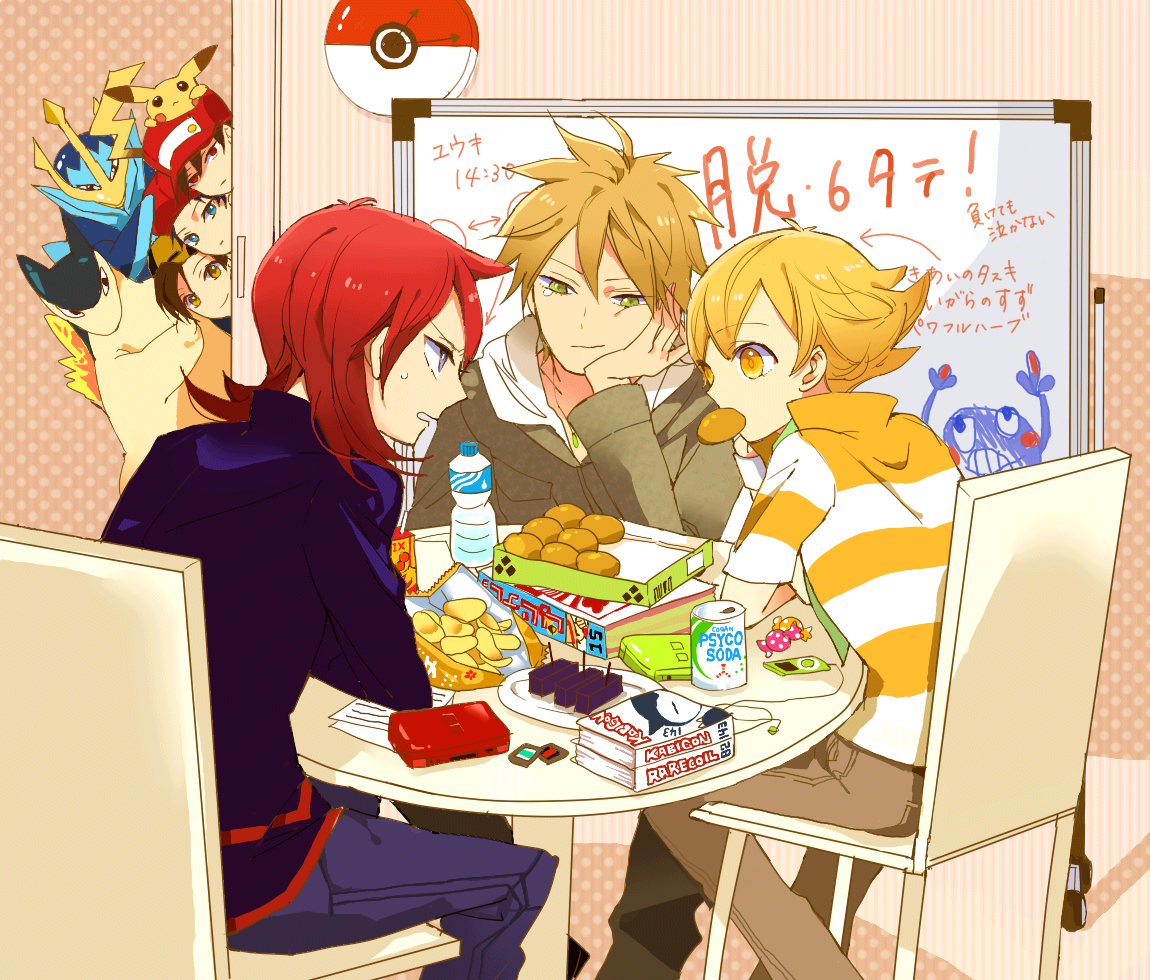 00s 1990s_(style) 6+boys alternate_costume barry_(pokemon) blue_oak blue_oak_(pokemon_hgss) book candy chair croagunk empoleon ethan_(pokemon) food gen_1_pokemon gen_2_pokemon gen_4_pokemon handheld_game_console head_rest lastgray lucas_(pokemon) male_focus multiple_boys nintendo nintendo_ds pikachu poke_ball_theme pokemon pokemon_(creature) pokemon_dppt pokemon_hgss pokemon_rgby red_(pokemon) retro_artstyle silver_(pokemon) sitting snorlax typhlosion