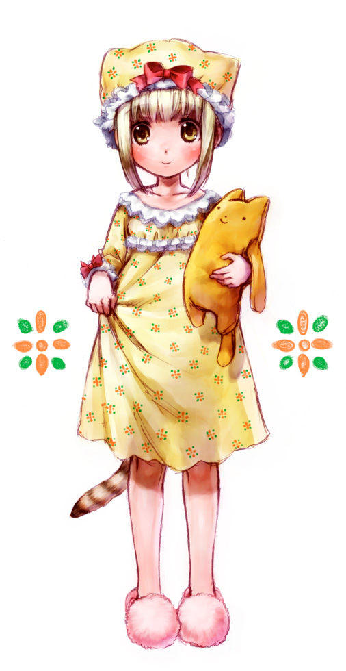 1girl banpresto blonde_hair blush bow cat_tail collarbone female_focus holding irui_guneden nakamura_kanko photo-referenced slippers smile solo standing striped_tail stuffed_toy super_robot_wars tail white_background yellow_eyes