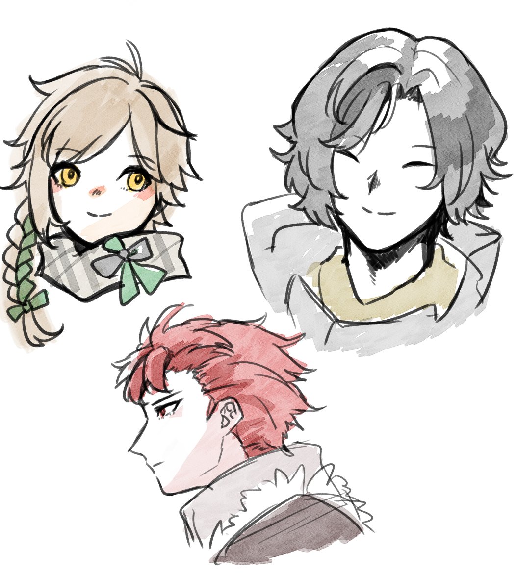 3boys black_hair blonde_hair braid clanne_(fire_emblem) closed_eyes diamant_(fire_emblem) facing_viewer fire_emblem fire_emblem_engage green_hair louis_(fire_emblem) multiple_boys nintendo portrait red_eyes red_hair sayu_(silent_si1ent) single_braid yellow_eyes