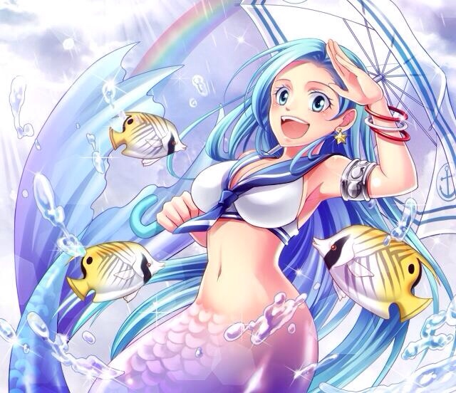 1girl black_hair blue_eyes breasts celia_(rave) cleavage groove_adventure_rave jewelry large_breasts long_hair looking_at_viewer mermaid mermaid_tail mermaid_transformation monster_girl navel necklace official_art rave_(manga)