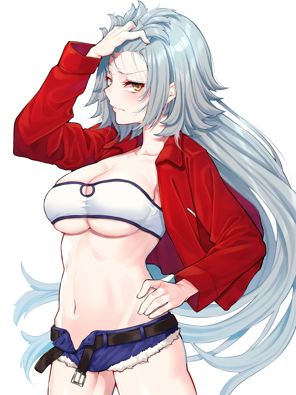 1girl bandeau belt blue_shorts blush breasts cleavage closed_mouth commentary cosplay cowboy_shot denim denim_shorts duplicate embarrassed eyelashes fate/apocrypha fate/grand_order fate_(series) female_focus from_side hand_on_own_head hand_on_own_hip highres jacket jeanne_d&#039;arc_(fate) jeanne_d&#039;arc_alter_(avenger)_(fate) jeanne_d&#039;arc_alter_(fate) large_breasts lips long_hair long_sleeves looking_at_viewer midriff mikan_(chipstar182) mordred_(fate) mordred_(fate)_(cosplay) mordred_(fate/apocrypha) mordred_(memories_at_trifas)_(fate) navel open_clothes open_fly open_jacket red_jacket short_shorts shorts simple_background solo strapless thighs toned tube_top underboob white_background yellow_eyes