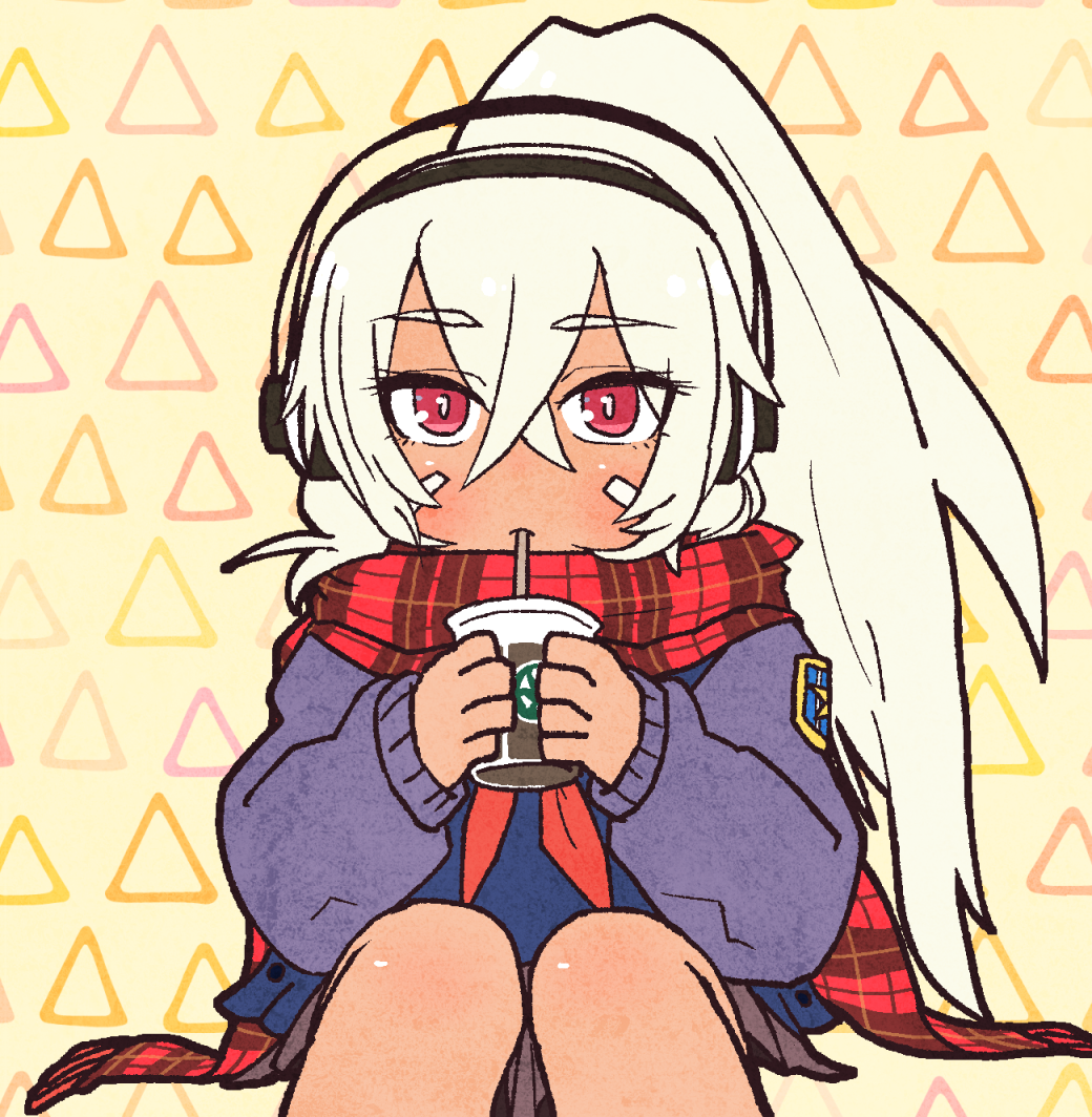 1girl azur_lane blue_shirt blush bodypaint cardigan coffee commentary_request crossed_bangs cup dark-skinned_female dark_skin disposable_coffee_cup disposable_cup expressionless facepaint feet_out_of_frame grey_skirt hair_between_eyes headphones high_ponytail holding holding_cup kukino_esuna long_hair looking_at_viewer minneapolis_(azur_lane) minneapolis_(wild_huntress_schoolgirl)_(azur_lane) official_alternate_costume open_mouth plaid_clothes plaid_scarf ponytail purple_cardigan red_eyes red_scarf scarf shirt skirt solo triangle very_long_hair white_hair yellow_background