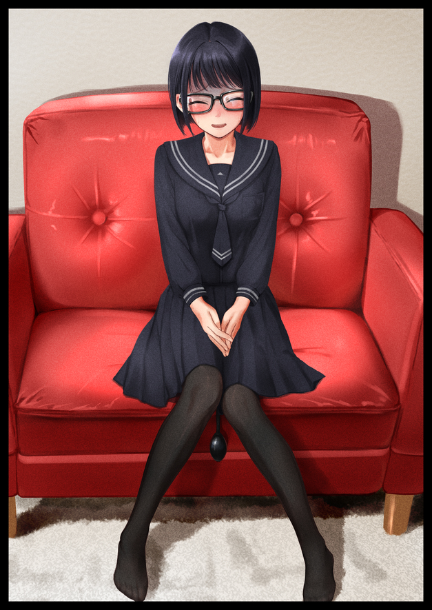 1girl black_border black_hair black_necktie black_pantyhose black_sailor_collar black_serafuku black_shirt black_skirt blush border breast_pocket butt_plug carpet closed_eyes collarbone commentary_request couch glasses indoors inflatable_buttplug logo mutsumura_ryuuichi necktie nervous_smile no_shoes on_couch open_mouth original pantyhose pleated_skirt pocket sailor_collar school_uniform serafuku sex_toy shadow shirt short_hair sidelocks sitting skirt smile solo
