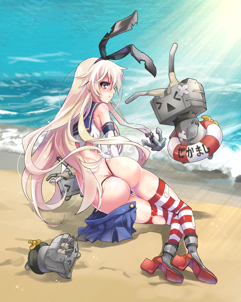 &gt;_&lt; 10s 1girl :&lt; :t anchor anchor_hair_ornament ass back bare_shoulders beach black_panties blonde_hair blush broken butt_crack buttons closed_eyes crop_top elbow_gloves gloves grey_eyes hair_ornament hairband highleg highleg_panties highres himerinco kantai_collection lifebuoy light_rays long_hair looking_at_viewer looking_back lying miniskirt ocean on_stomach open_mouth panties rensouhou-chan sailor_collar sand school_uniform serafuku shimakaze_(kancolle) ship_turret shirt sitting skirt sleeveless sparkle striped_clothes striped_thighhighs sunlight swim_ring thighhighs torn_clothes torn_legwear torn_panties torn_shirt triangle_mouth underwear unworn_skirt wavy_mouth white_gloves