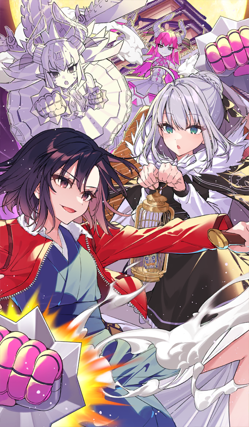 4girls :o add_(fate) ahoge black_capelet black_dress black_hair black_ribbon blue_eyes blue_kimono blue_sash brown_eyes bun_with_braided_base cage cape capelet clenched_hands colored_skin commentary_request cropped_jacket csejte_pyramid_himeji_castle dragon_girl dragon_horns dress dual_persona elizabeth_bathory_(fate) fate/grand_order fate_(series) flying full_moon fur-trimmed_capelet fur-trimmed_jacket fur_trim gray_(fate) grey_eyes grey_hair hair_ribbon hanagata holding holding_cage holding_weapon hood hood_down hooded_cape horns huge_moon jacket japanese_clothes kimono long_sleeves mecha_eli-chan_(fate) mecha_eli-chan_mk.ii_(fate) midair moon multiple_girls obi official_art open_mouth pink_hair red_jacket reverse_grip ribbon robot_girl rocket_punch ryougi_shiki sash short_hair sidelocks smile smoke smoke_trail third-party_source weapon white_hair white_skin zipper