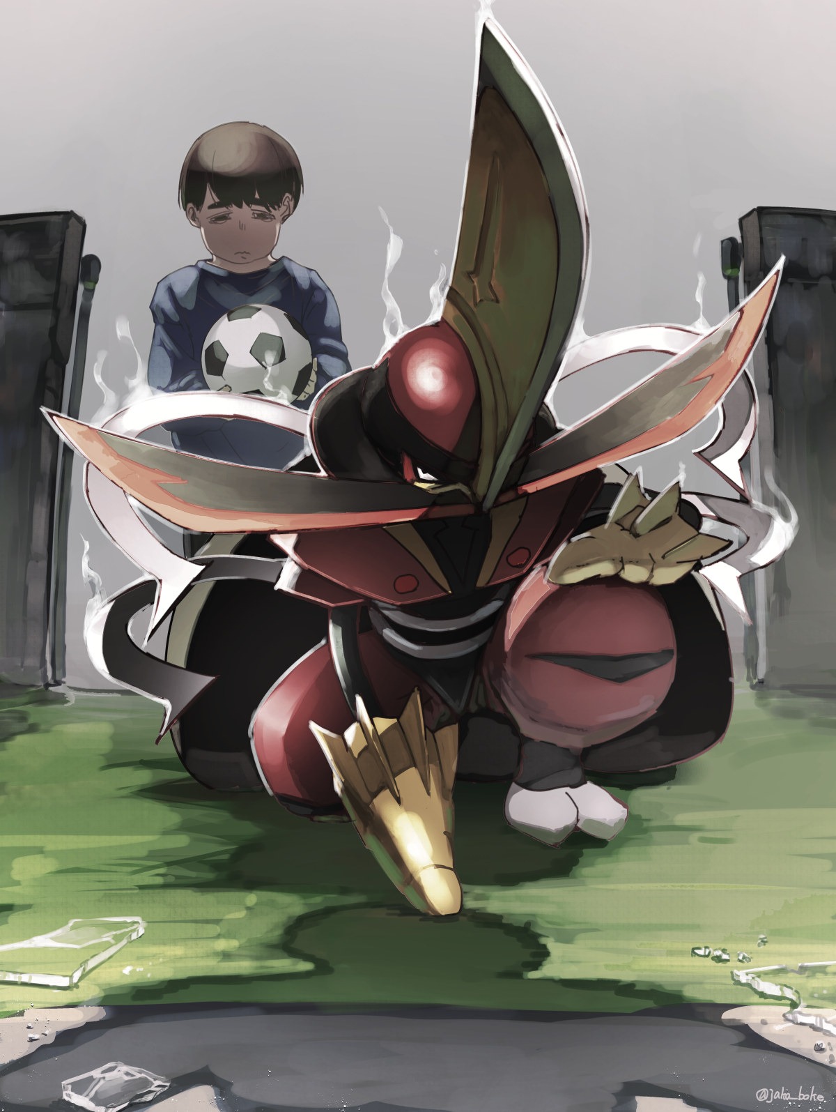 1boy aura ball blue_shirt brown_hair closed_mouth full_body grey_background hand_on_own_knee highres holding holding_ball jako_(boke_poke) kingambit male_focus nintendo on_one_knee pokemon pokemon_(creature) shirt short_hair twitter_username