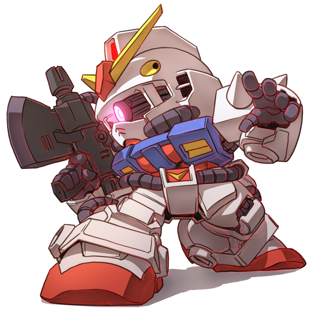 chibi commentary_request full_body glowing glowing_eye gun gundam holding holding_gun holding_weapon looking_to_the_side mecha mecha_focus nise_gundam no_humans one-eyed pink_eyes robot science_fiction sd_gundam shadow simple_background standing susagane weapon white_background