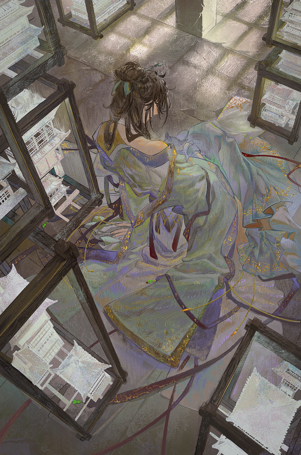 1boy bare_shoulders black_hair brown_hair chinese_clothes dress from_above from_behind full_body hair_bun hair_ribbon hanfu highres indoors long_hair long_sleeves off_shoulder on_floor original painting_(object) paper ribbon shadow single_hair_bun sitting solo yinzinmiemie