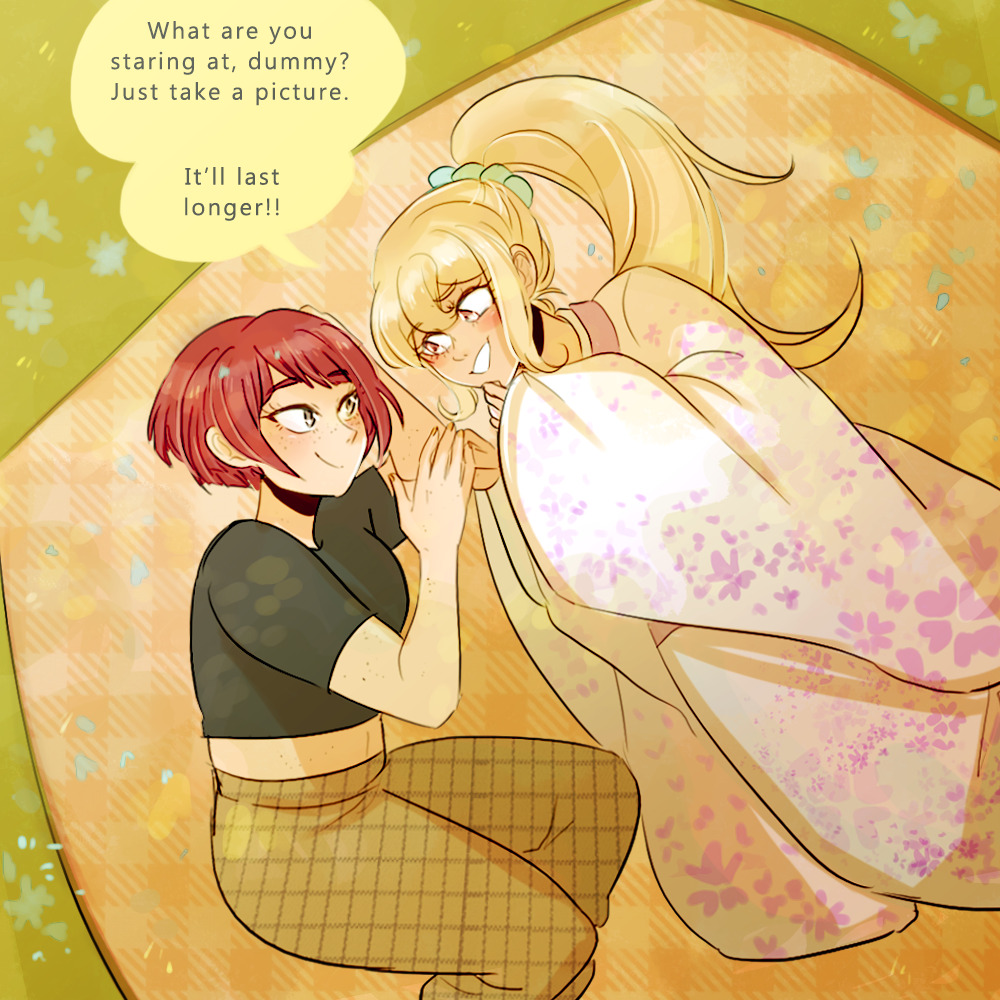2girls aged_up alternate_costume black_shirt blanket blonde_hair blush brown_pants casual closed_mouth danganronpa_(series) danganronpa_2:_goodbye_despair eyelashes freckles grass japanese_clothes kimono koizumi_mahiru long_hair looking_at_another lying midriff ministarfruit multiple_girls navel official_alternate_hairstyle on_side outdoors pants pink_kimono ponytail red_hair saionji_hiyoko shirt short_hair short_sleeves smile speech_bubble very_short_hair yuri