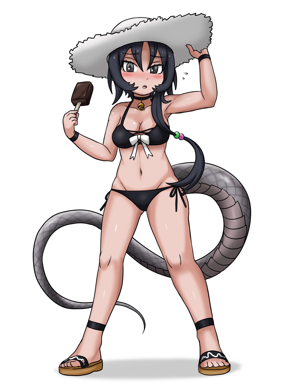 1girl :o adansosutega ankle_strap arm_up armpits bikini black_bikini black_hair black_mamba_(kemono_friends) blush bow breasts choker cleavage flustered flying_sweatdrops food full_body furrowed_brow grey_eyes groin hair_between_eyes hair_bobbles hair_ornament hand_on_headwear hand_up hat highres holding holding_food holding_popsicle ice_cream kemono_friends legs_apart long_hair long_tail low_ponytail lowleg lowleg_bikini medium_breasts navel nose_blush parted_bangs parted_lips ponytail popsicle sandals side-tie_bikini_bottom side_ponytail simple_background snake_tail solo stomach straw_hat swimsuit tail tan toes very_long_hair white_background white_bow white_hat wristband
