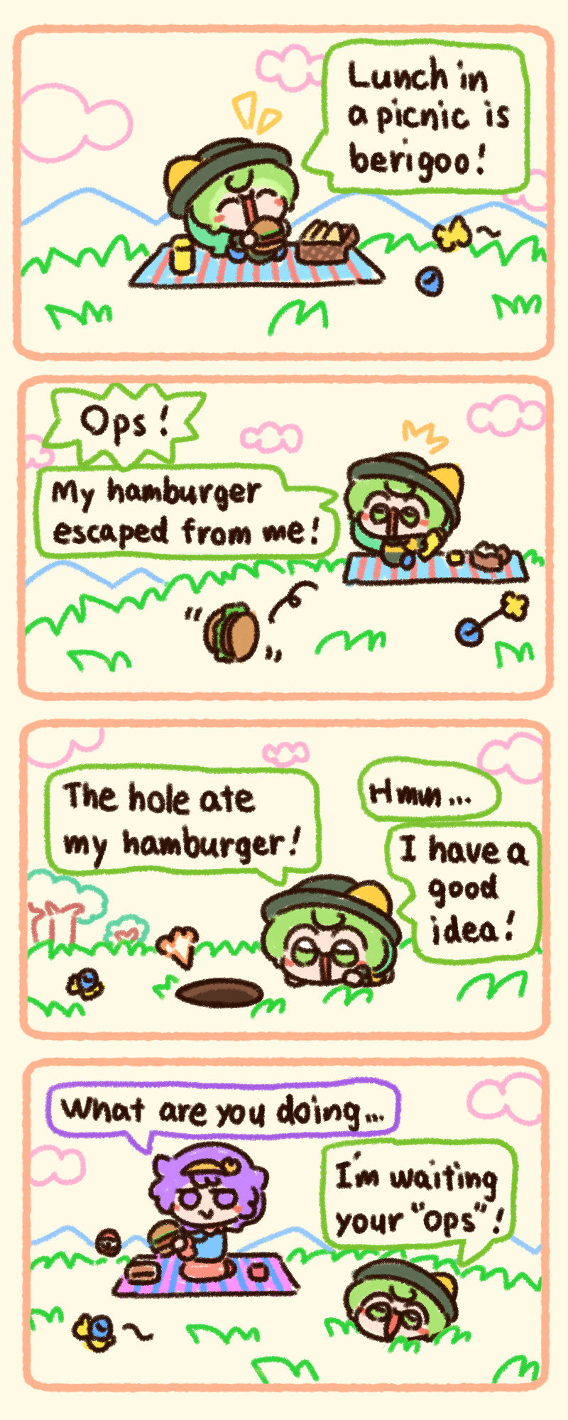 2girls 4koma black_headwear blouse blue_shirt bow bright_pupils burger comic english_text eyeball food frilled_sleeves frills green_eyes green_hair hair_ornament hairband hat hat_bow heart heart_hair_ornament highres komeiji_koishi komeiji_satori long_sleeves medium_hair messy_hair multiple_girls numenoko picnic picnic_basket pink_skirt pink_slippers purple_eyes purple_hair sandwich shirt short_hair siblings sisters skirt slippers tan_tan_pou third_eye touhou yellow_bow yellow_hairband yellow_shirt