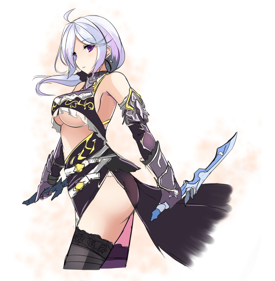 1girl ahoge ass beige_background black_thighhighs breasts center_opening colorized cowboy_shot dagger dual_wielding earrings fatkewell female_focus gauntlets guild_wars_(series) guild_wars_1 hip_focus holding jewelry knife large_breasts light_purple_hair purple_eyes side_slit simple_background sketch solo standing thighhighs underboob weapon
