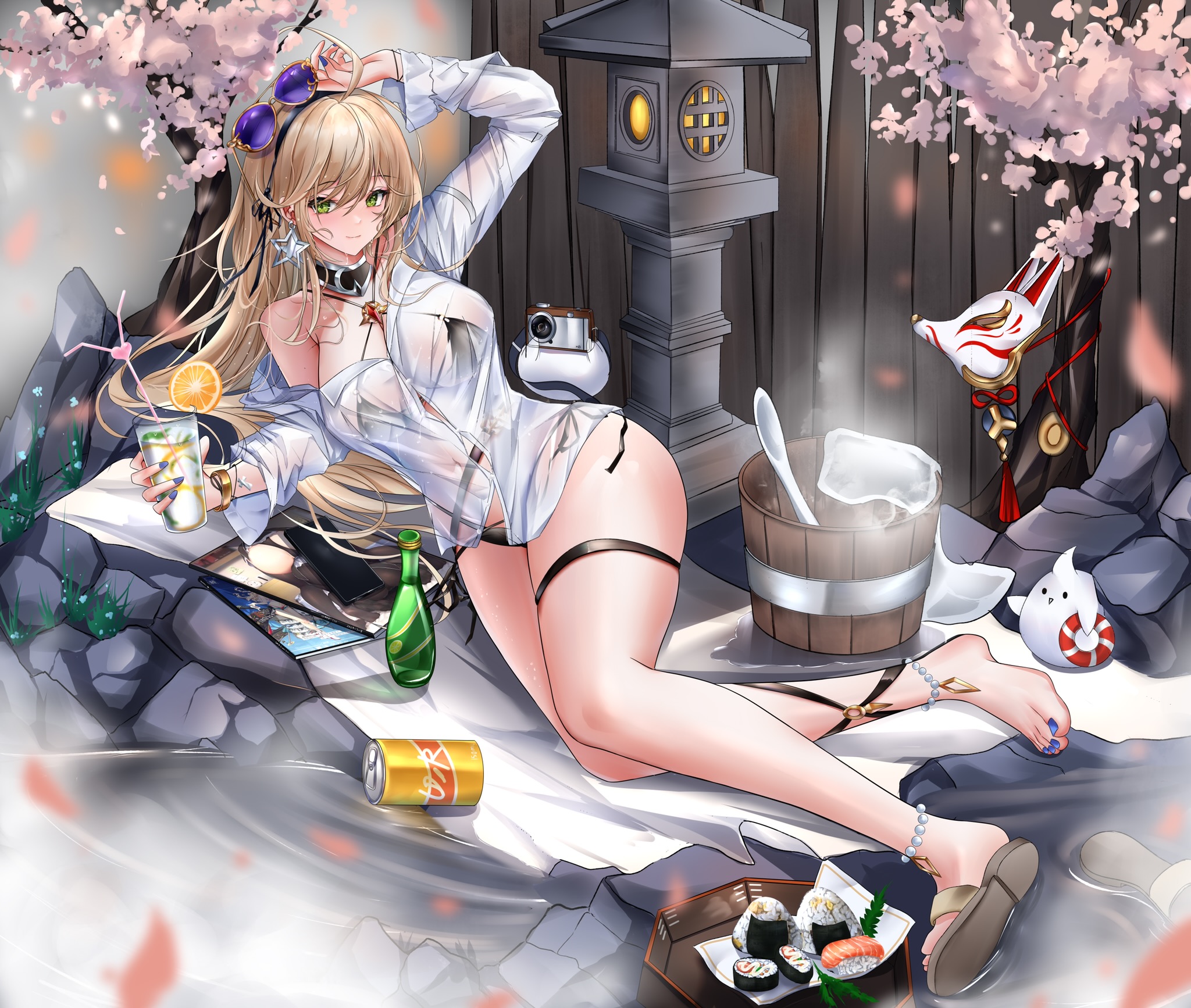 1girl bikini bikini_under_clothes black_bikini blonde_hair blue_nails can chinese_commentary collared_shirt commentary_request criss-cross_halter cup drinking_glass earrings food fox_mask full_body glasses green_eyes halterneck highres holding holding_cup iue_(artist) jewelry long_hair long_sleeves looking_at_viewer mask missouri_(warship_girls_r) nail_polish onigiri purple-tinted_eyewear removing_eyewear sandals see-through_clothes see-through_shirt shirt single_sandal smile solo star_(symbol) star_earrings sushi swimsuit thigh_strap tinted_eyewear toenail_polish toenails warship_girls_r white_shirt