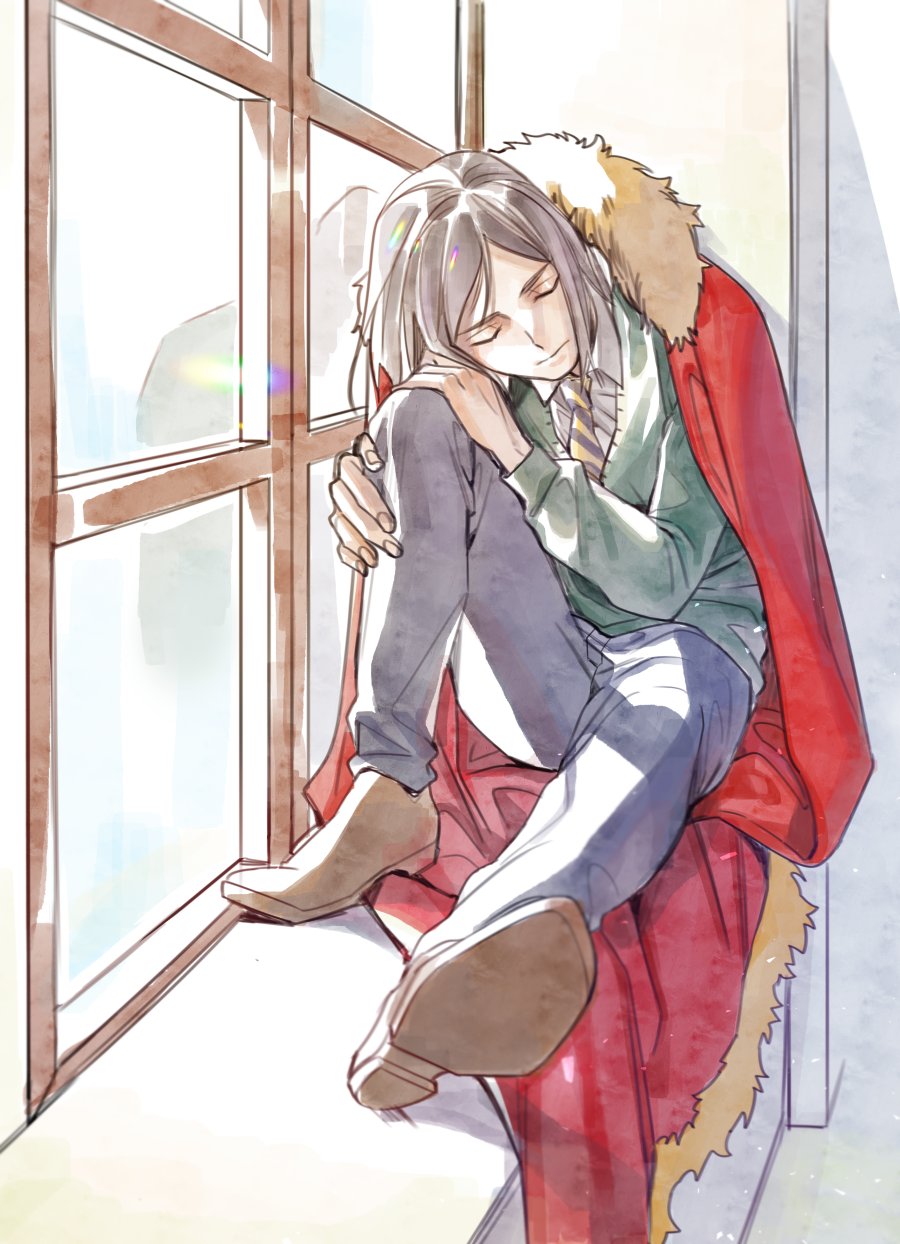 1boy against_window black_hair brown_shoes cape closed_eyes closed_mouth fate/zero fate_(series) fur-trimmed_cape fur_trim halorane highres indoors knee_up male_focus on_windowsill red_cape shoes short_hair sitting solo waver_velvet window windowsill