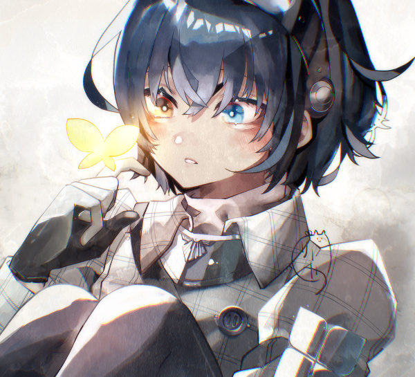 1boy bishounen black_gloves blue_eyes blue_hair blush bug butterfly commentary_request eyelashes gloves glowing_butterfly hair_between_eyes hairband heterochromia insect jacket knees_up long_sleeves male_focus metal_hairband metaphor:_refantazio nekominaminoriya patterned_clothing plaid_clothes plaid_jacket protagonist_(metaphor:_refantazio) short_hair signature silver_hairband simple_background sitting solo yellow_eyes