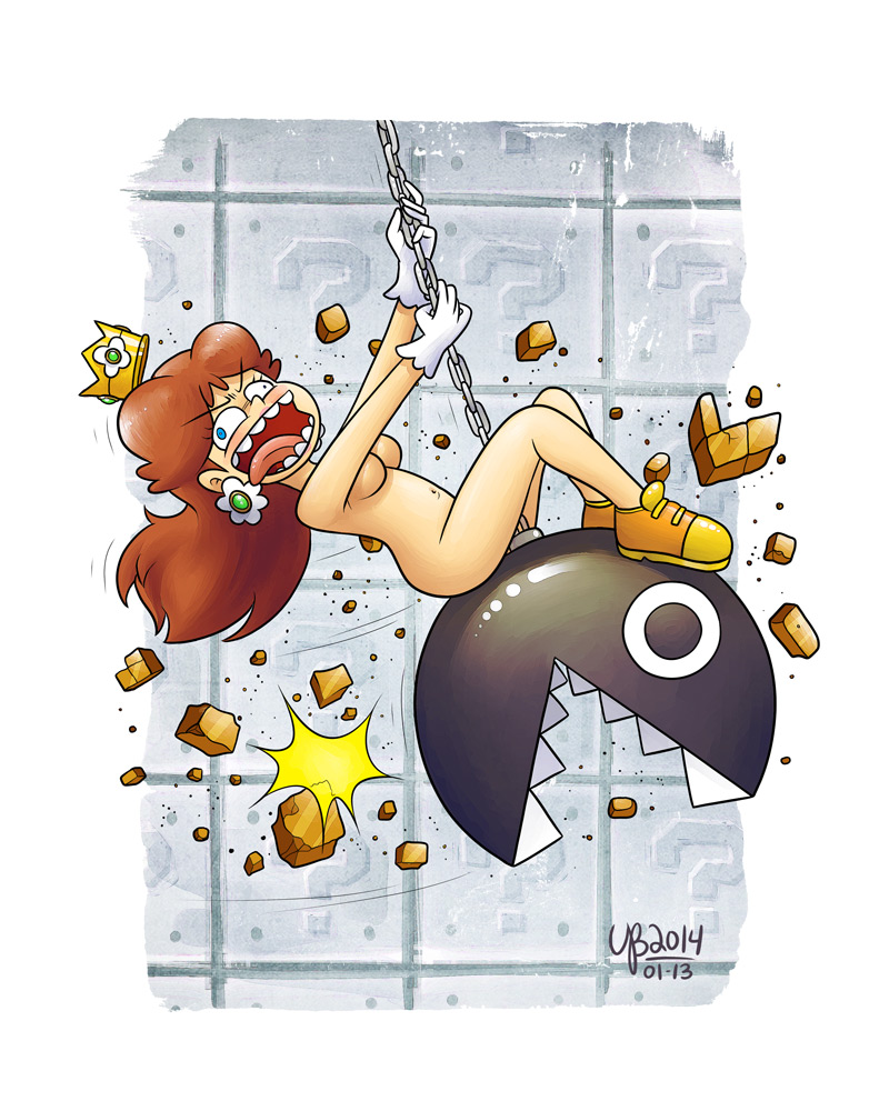 1girl ?_block breasts brick brown_hair chain chain_chomp crazy_eyes crazy_smile crown earrings fangs flower_earrings jewelry looking_at_viewer mario_(series) navel nintendo nude open_mouth princess_daisy short_hair sitting smile super_mario_bros._3 super_mario_land swinging thebourgyman tongue tongue_out wall wrecking_ball